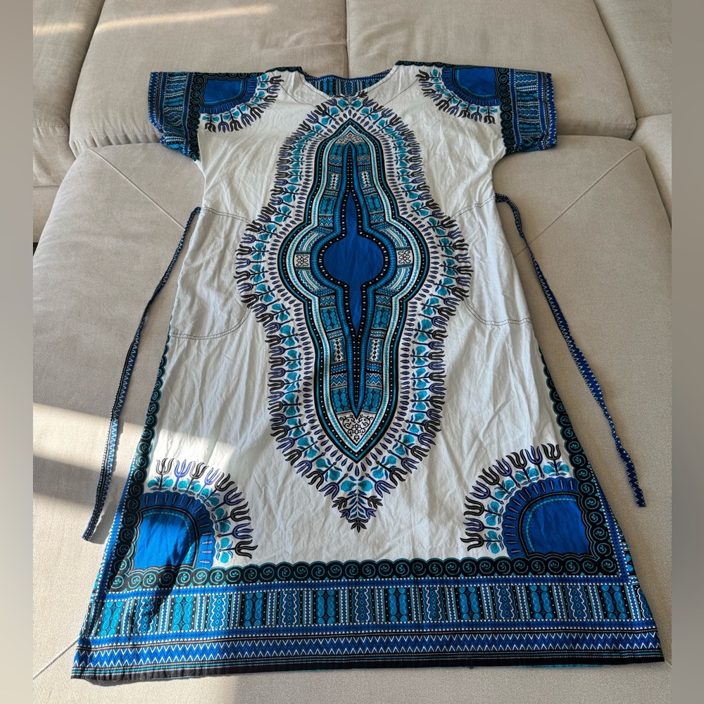 Blue and White Dashiki/Bohemian Patterned Women's Dress